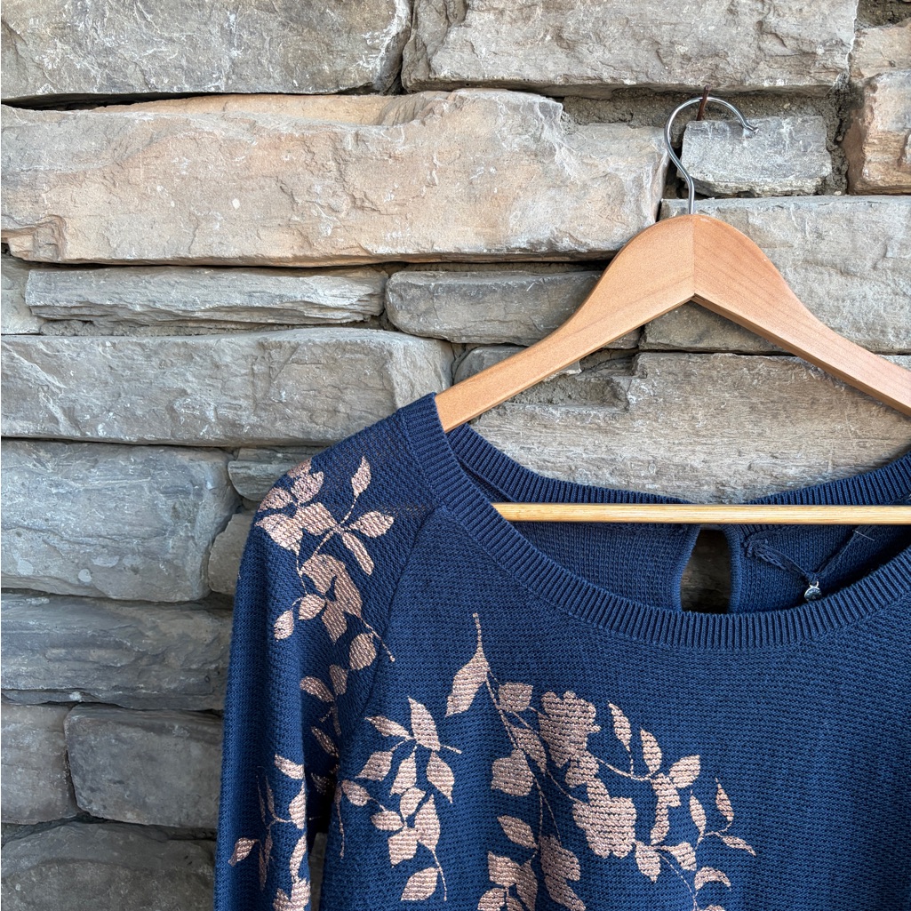 Anthropologie Knitted And Knotted Rose Gold Foil Floral Sweater Crewneck Blue